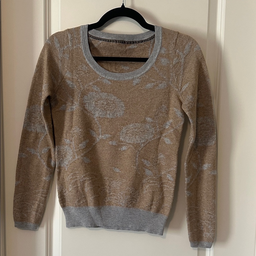 Anthropologie Tan and Gray Floral Sweater